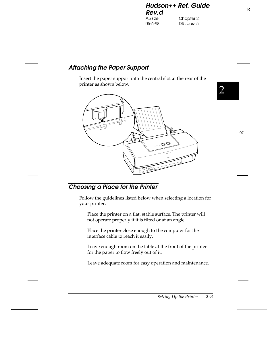 Attaching the paper support, Choosing a place for the printer, Hudson++ ref. guide rev.d | Epson 300 User Manual | Page 19 / 91