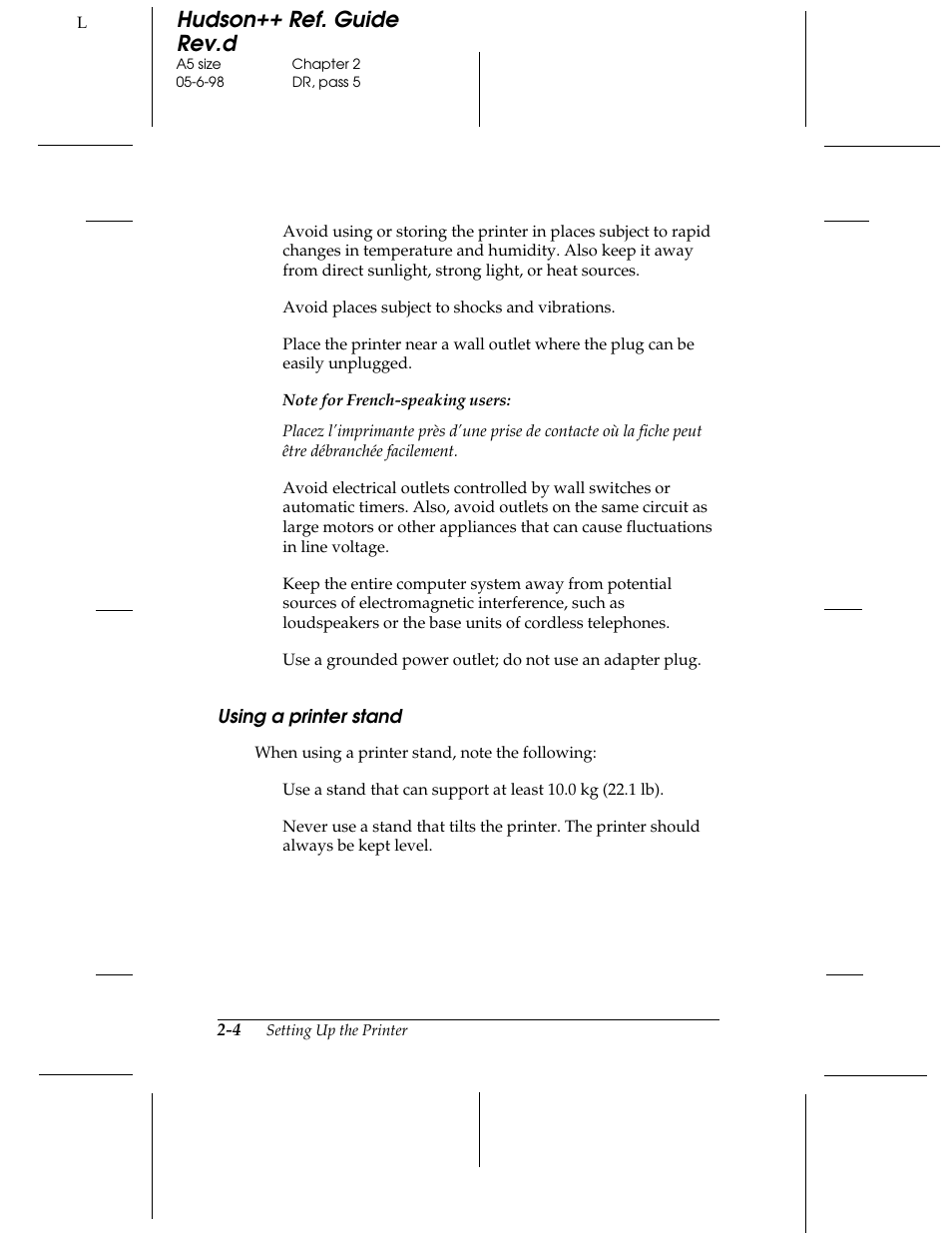 Using a printer stand, Hudson++ ref. guide rev.d | Epson 300 User Manual | Page 20 / 91