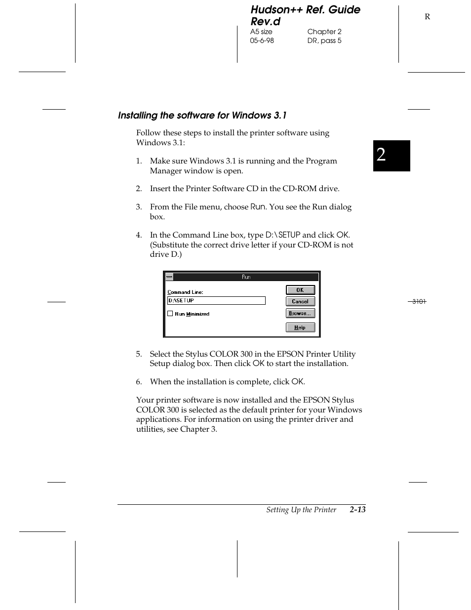 Installing the software for windows 3.1, Hudson++ ref. guide rev.d | Epson 300 User Manual | Page 29 / 91