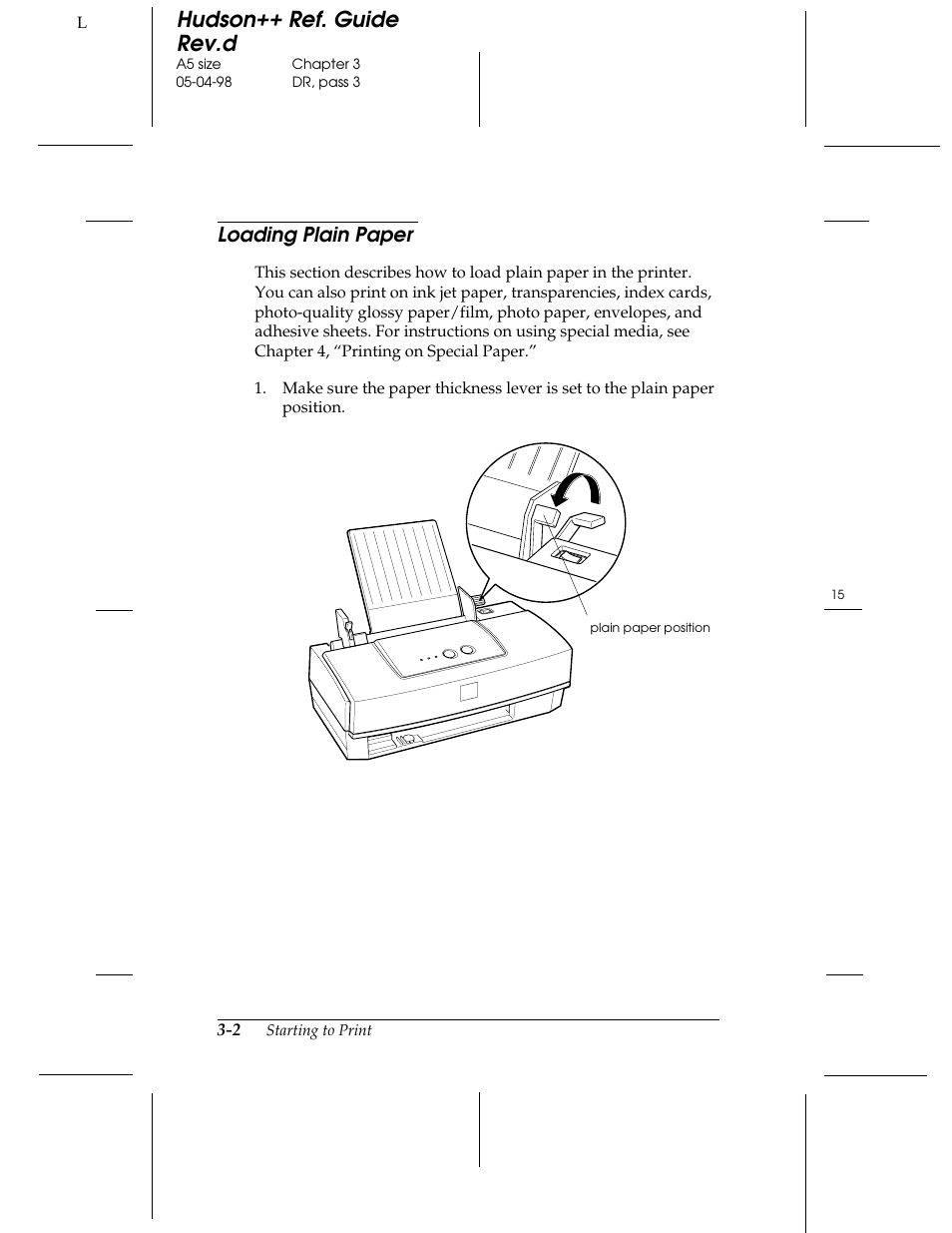 Loading plain paper, Hudson++ ref. guide rev.d | Epson 300 User Manual | Page 32 / 91