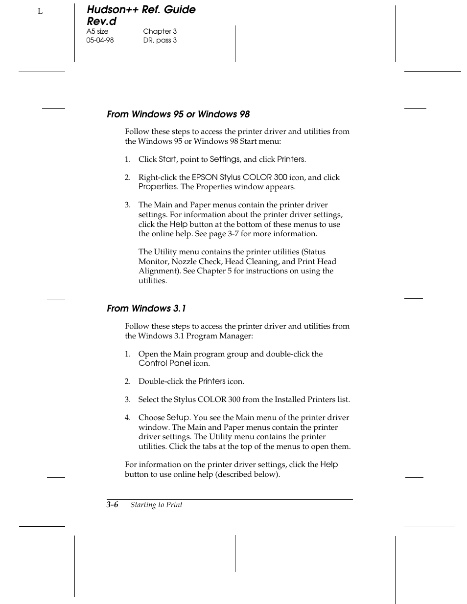 From windows 95 or windows 98, From windows 3.1, Hudson++ ref. guide rev.d | Epson 300 User Manual | Page 36 / 91