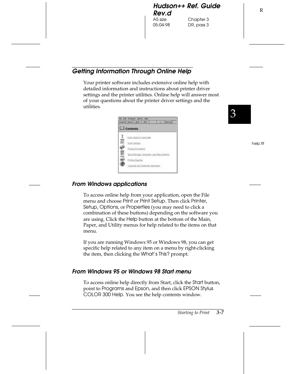 Getting information through online help, From windows applications, From windows 95 or windows 98 start menu | Hudson++ ref. guide rev.d | Epson 300 User Manual | Page 37 / 91