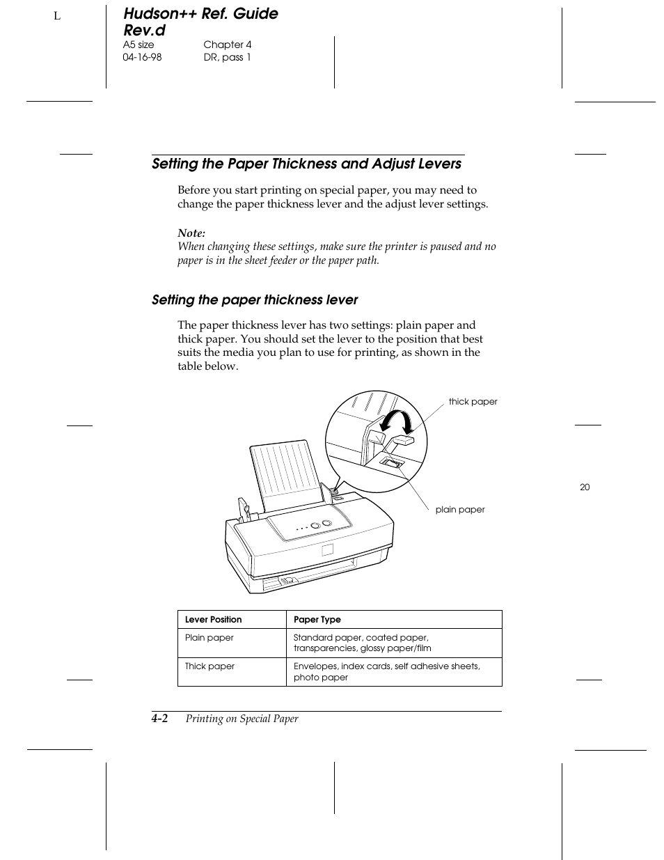 Setting the paper thickness and adjust levers, Setting the paper thickness lever, Hudson++ ref. guide rev.d | Epson 300 User Manual | Page 40 / 91
