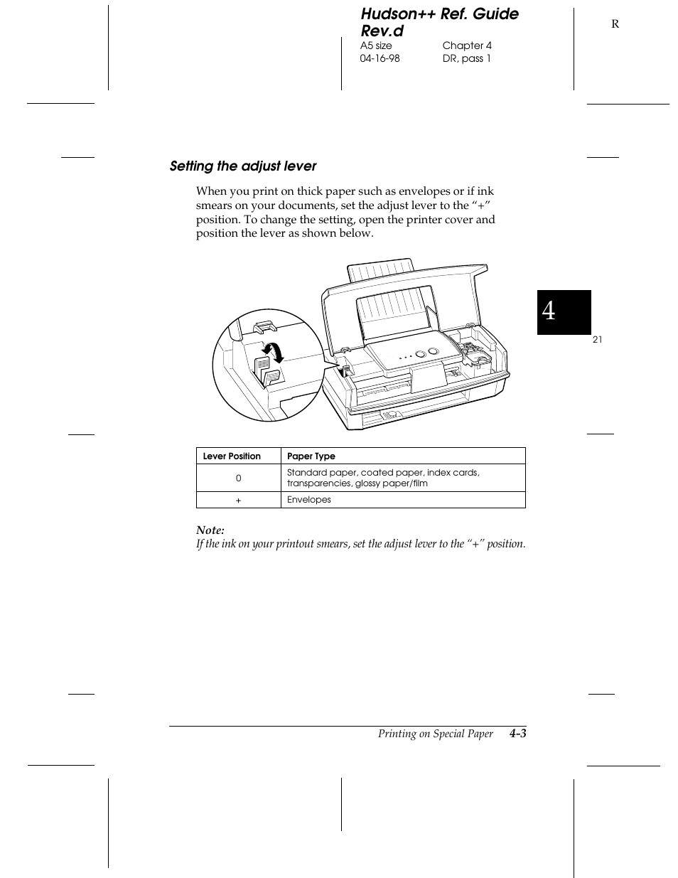 Setting the adjust lever, Hudson++ ref. guide rev.d | Epson 300 User Manual | Page 41 / 91