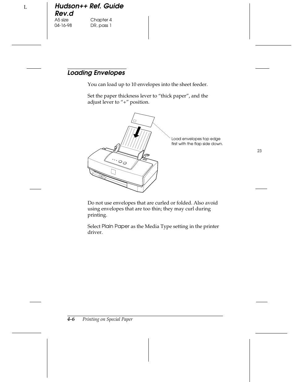 Loading envelopes, Hudson++ ref. guide rev.d | Epson 300 User Manual | Page 44 / 91