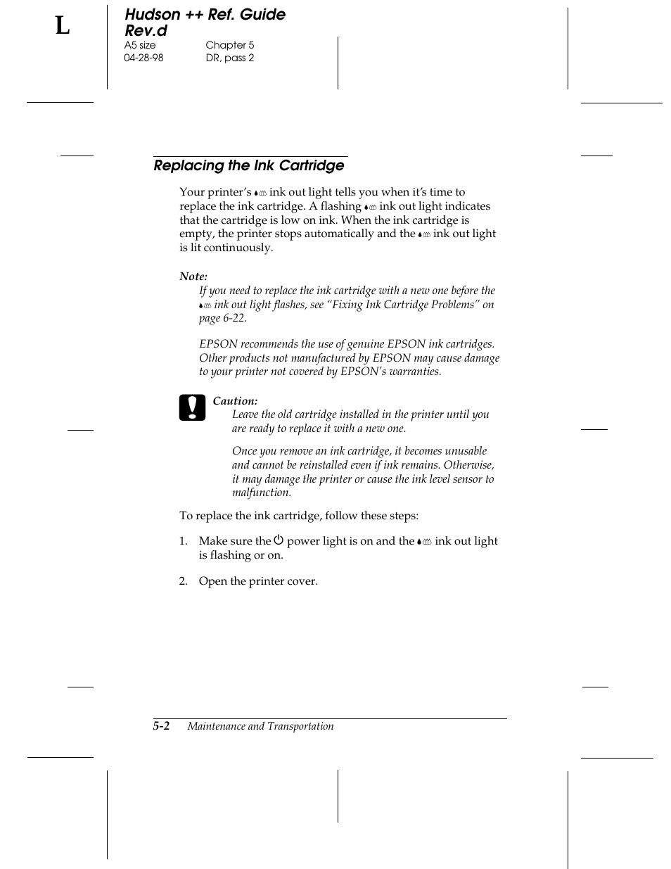 Replacing the ink cartridge, Hudson ++ ref. guide rev.d | Epson 300 User Manual | Page 46 / 91