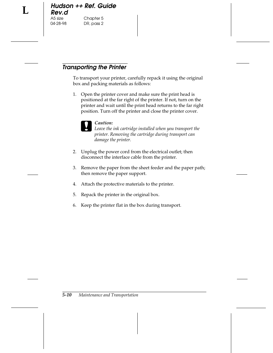 Transporting the printer | Epson 300 User Manual | Page 54 / 91