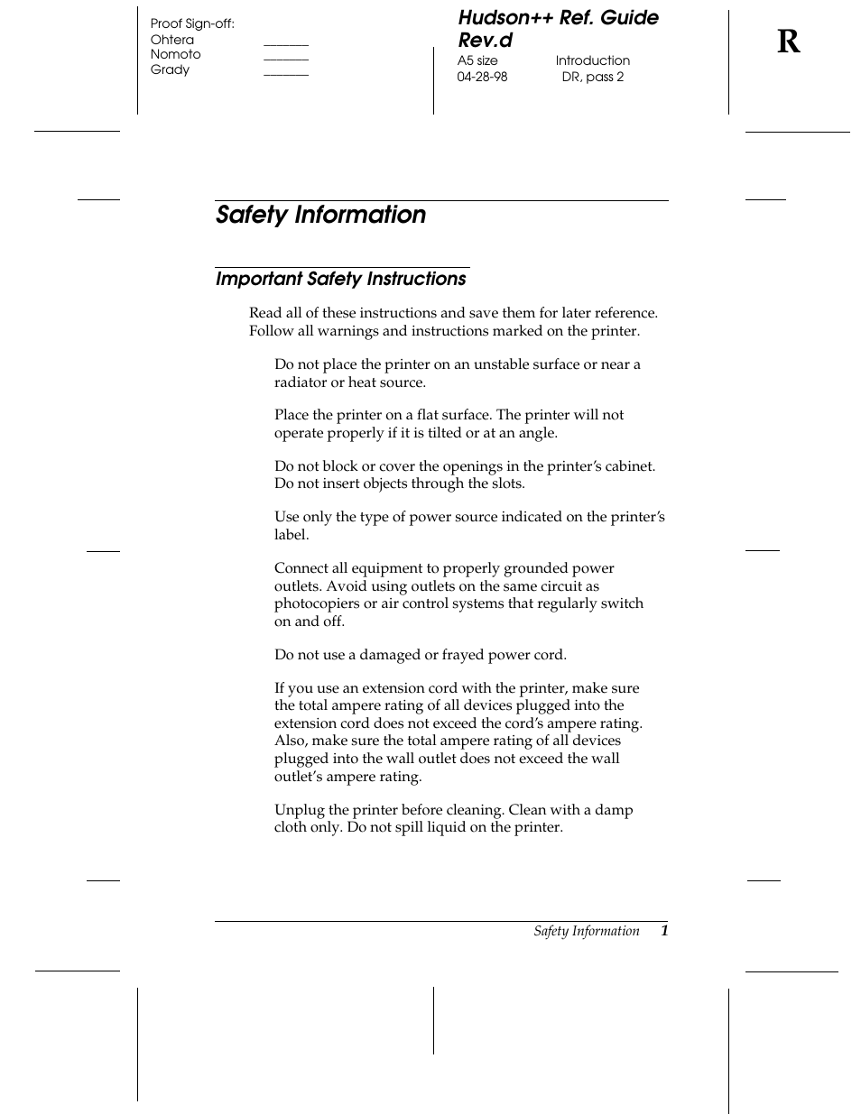 Safety information, Important safety instructions, Hudson++ ref. guide rev.d | Epson 300 User Manual | Page 6 / 91