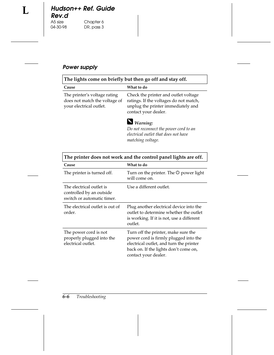 Power supply, Hudson++ ref. guide rev.d | Epson 300 User Manual | Page 60 / 91