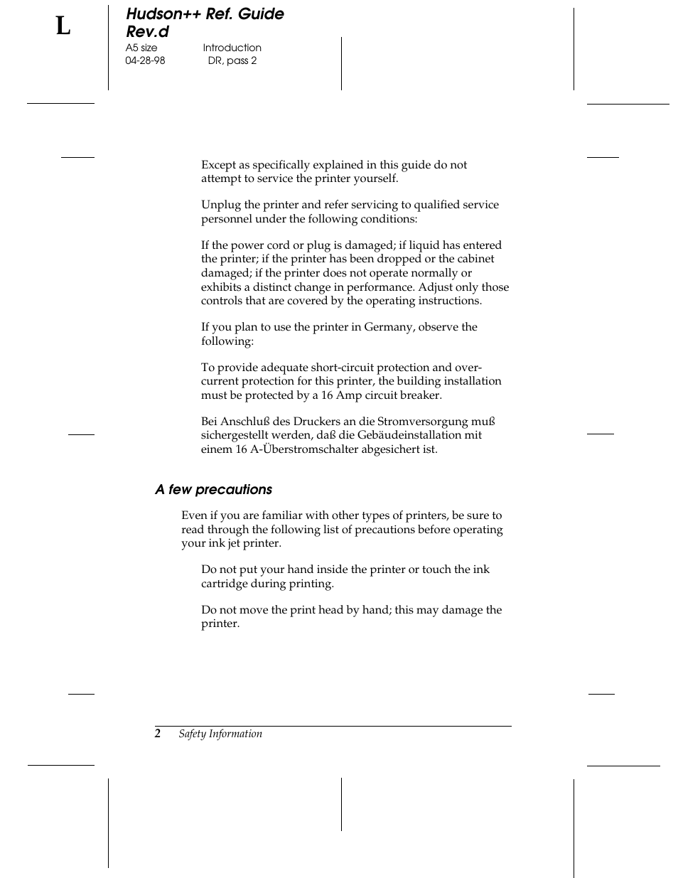 A few precautions, Hudson++ ref. guide rev.d | Epson 300 User Manual | Page 7 / 91