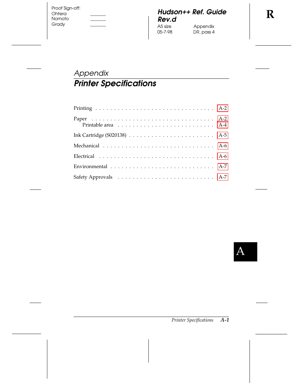 Appendix -printer specification, Printer specifications, Appendix | Hudson++ ref. guide rev.d | Epson 300 User Manual | Page 78 / 91