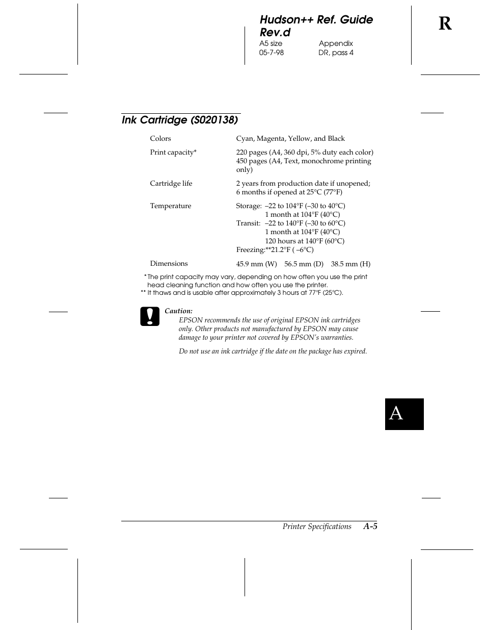 Ink cartridge (s020138), Hudson++ ref. guide rev.d | Epson 300 User Manual | Page 82 / 91