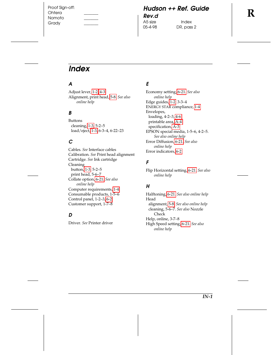 Index, Hudson ++ ref. guide, Rev.d | Epson 300 User Manual | Page 89 / 91