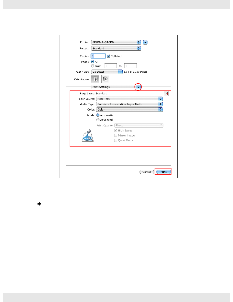 Printer settings for mac os x 10.4 | Epson B 310N User Manual | Page 40 / 190