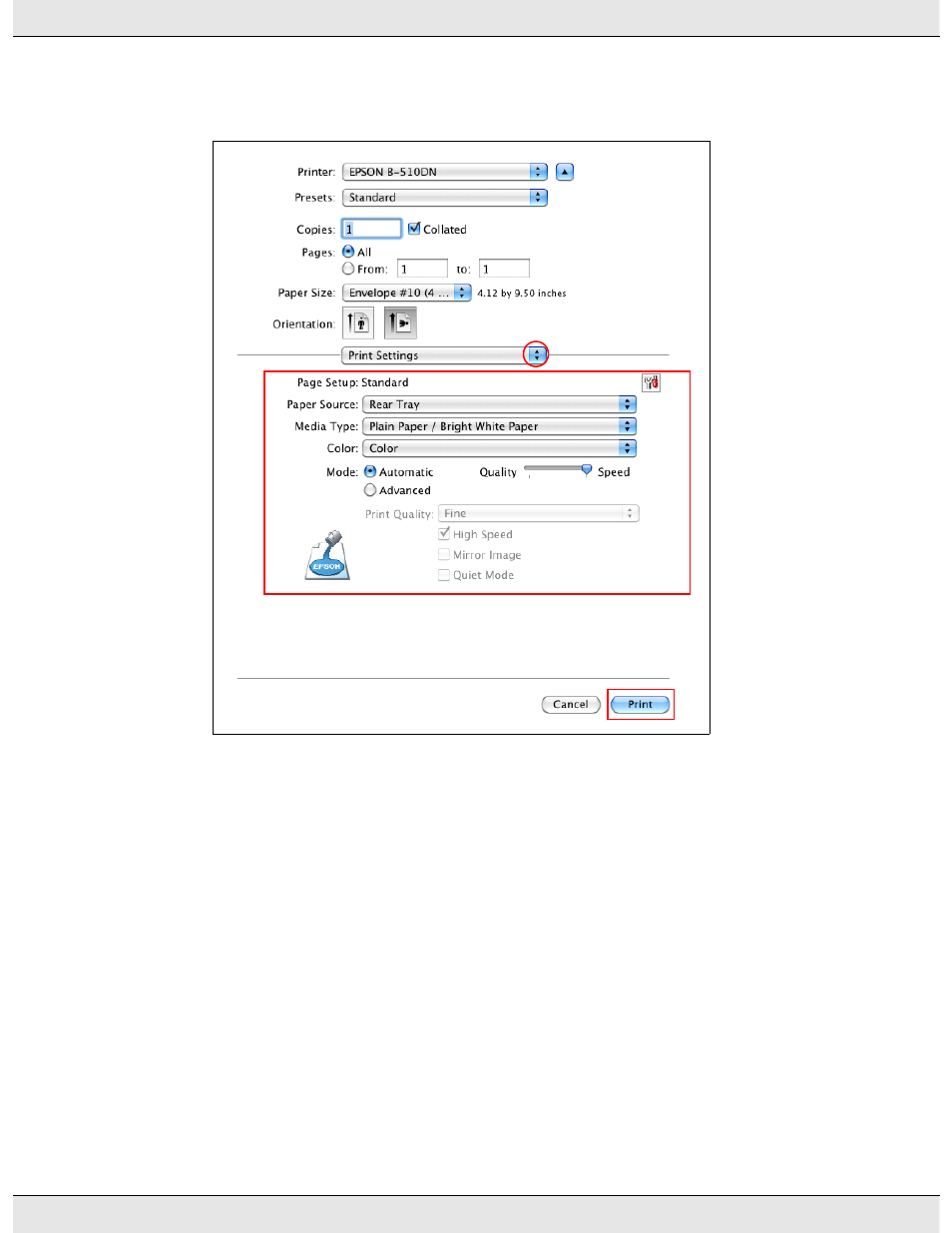 Printer settings for mac os x 10.4 | Epson B 310N User Manual | Page 46 / 190