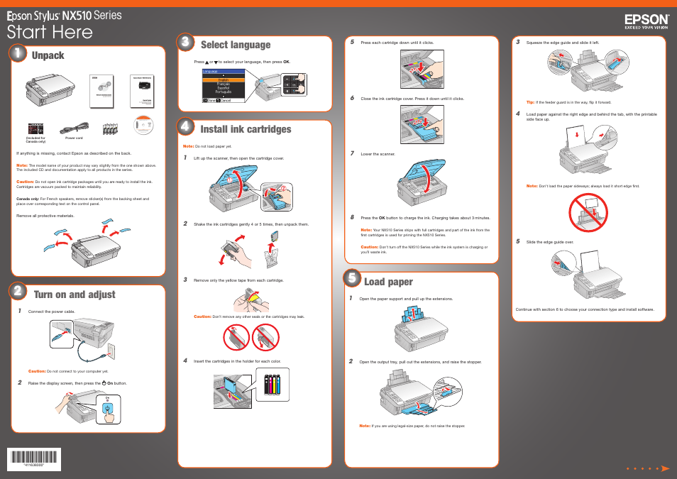 Load paper, Start here, Series | Unpack, Select language, Turn on and adjust, Install ink cartridges | Epson Stylus NX515 User Manual | Page 3 / 8