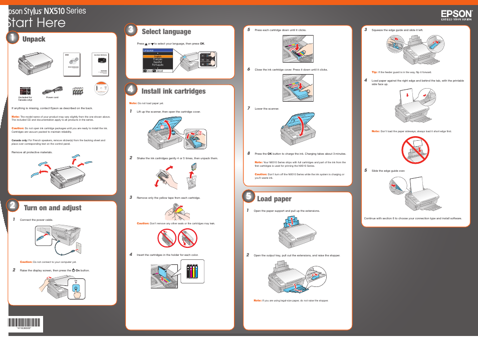 Start here, Series, Unpack | Select language, Turn on and adjust, Install ink cartridges, Load paper | Epson Stylus NX515 User Manual | Page 4 / 8