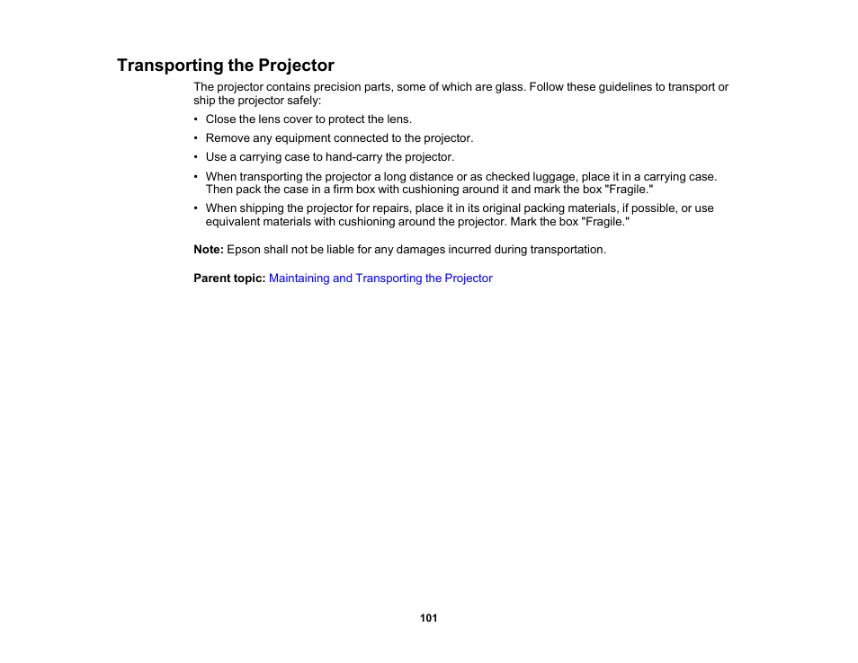 Transporting the projector | Epson EX3210 User Manual | Page 101 / 171