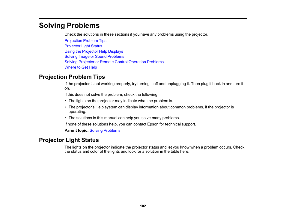 Solving problems, Projection problem tips, Projector light status | Projection problem tips projector light status | Epson EX3210 User Manual | Page 102 / 171