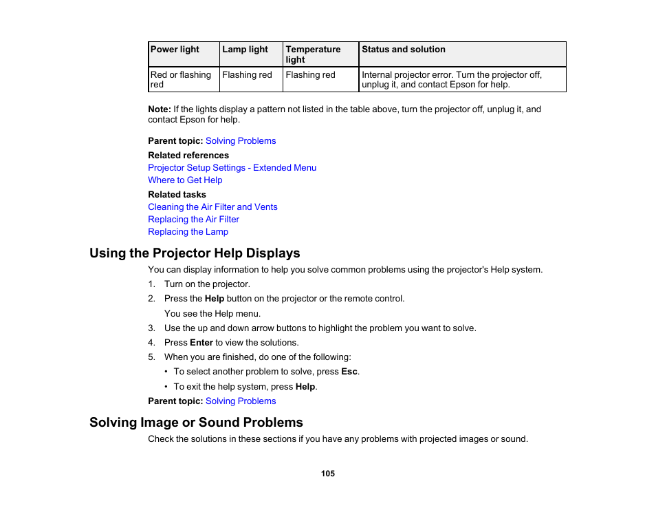 Using the projector help displays, Solving image or sound problems | Epson EX3210 User Manual | Page 105 / 171