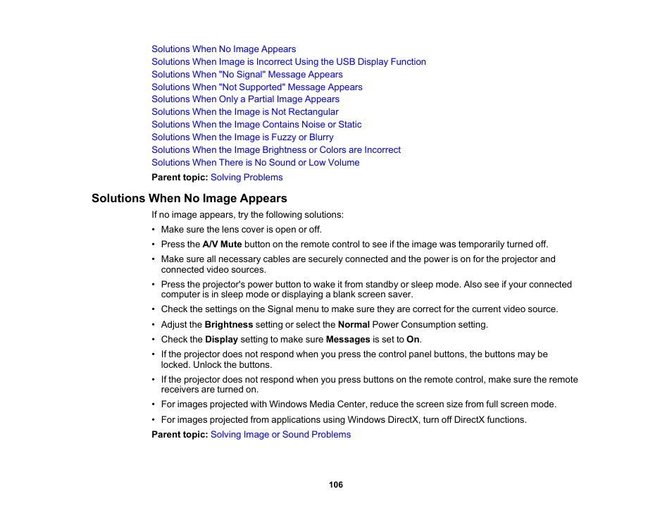 Solutions when no image appears | Epson EX3210 User Manual | Page 106 / 171