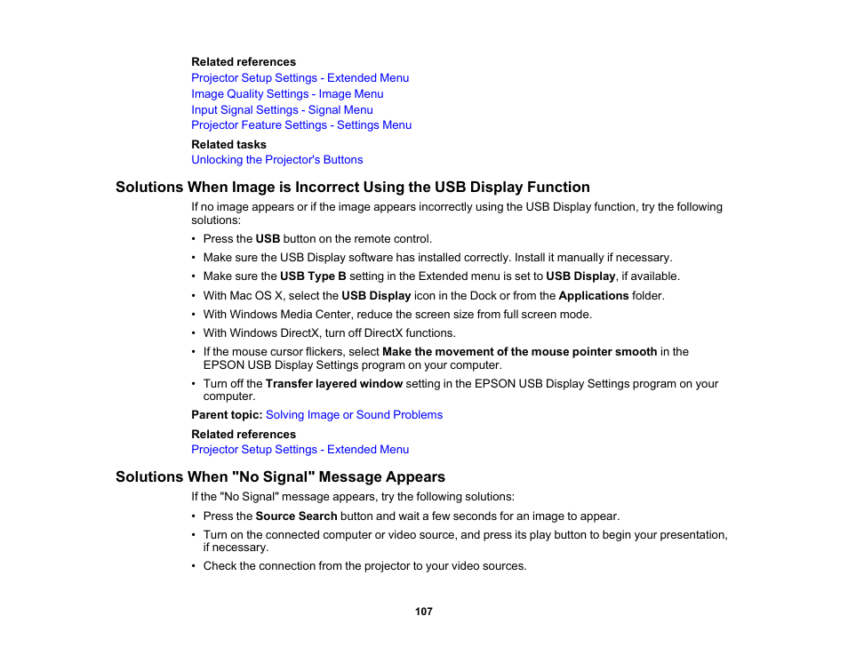 Solutions when "no signal" message appears | Epson EX3210 User Manual | Page 107 / 171