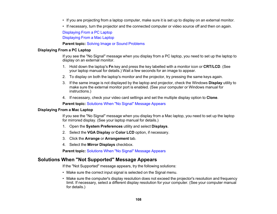 Displaying from a pc laptop, Displaying from a mac laptop, Solutions when "not supported" message appears | Epson EX3210 User Manual | Page 108 / 171