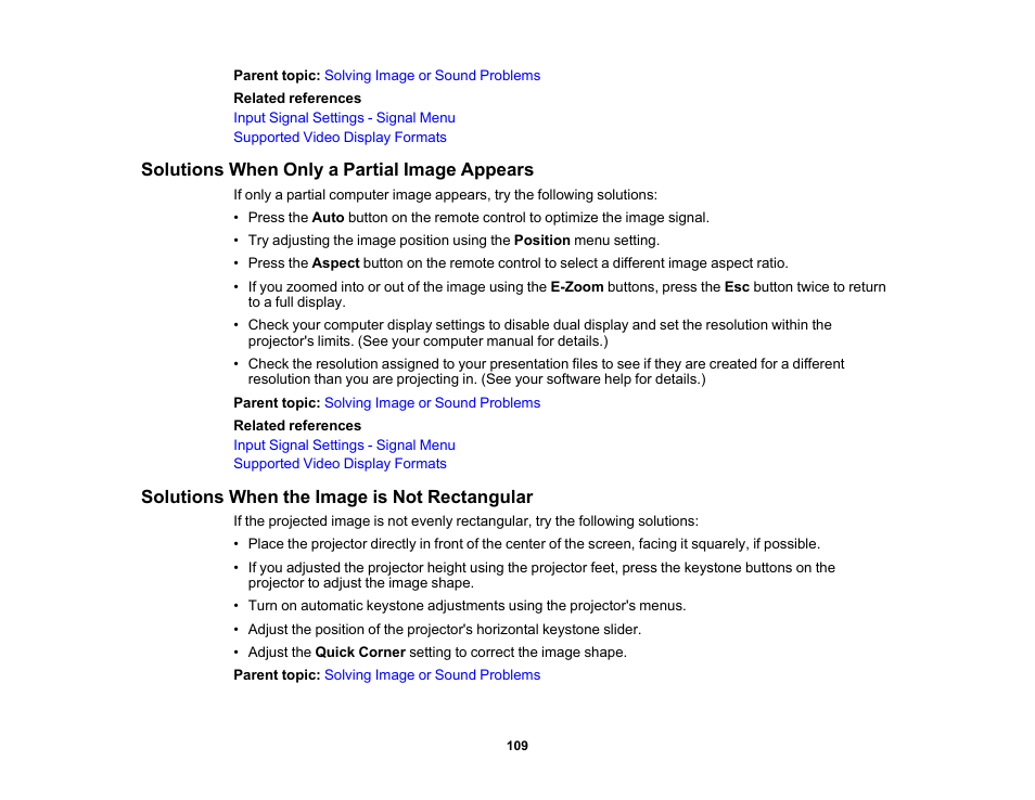 Solutions when only a partial image appears, Solutions when the image is not rectangular | Epson EX3210 User Manual | Page 109 / 171