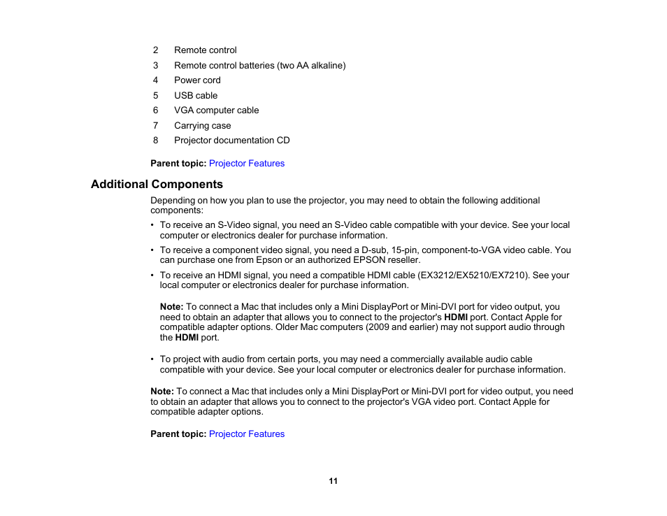 Additional components | Epson EX3210 User Manual | Page 11 / 171