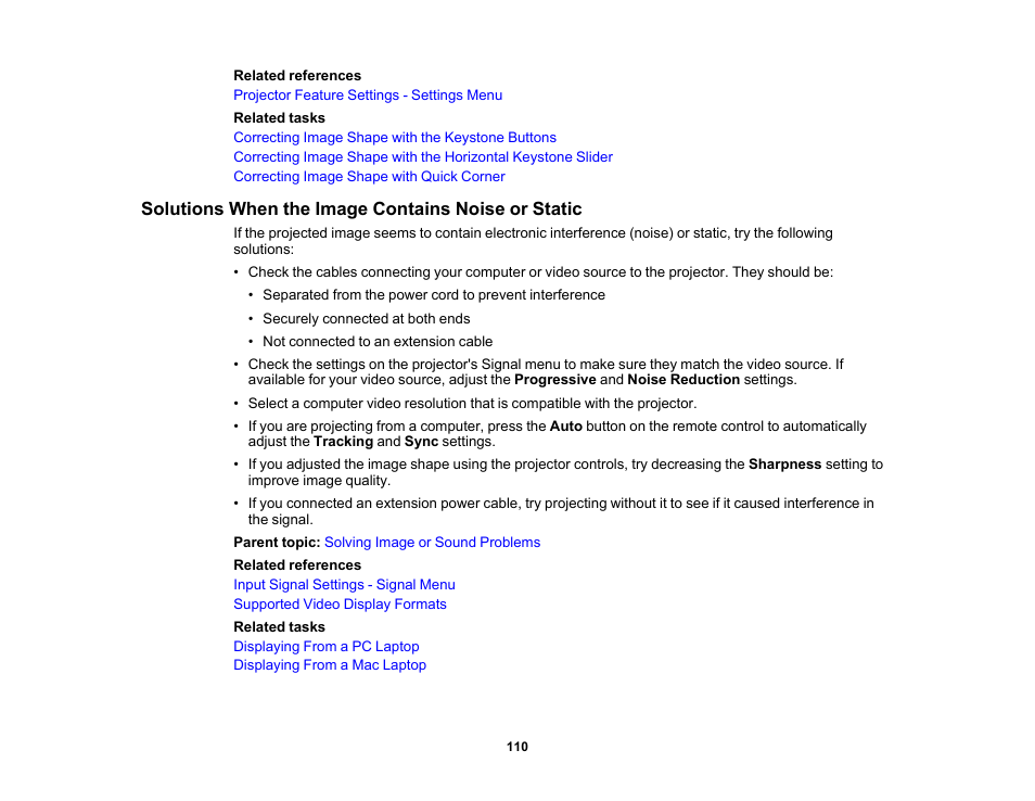 Solutions when the image contains noise or static | Epson EX3210 User Manual | Page 110 / 171