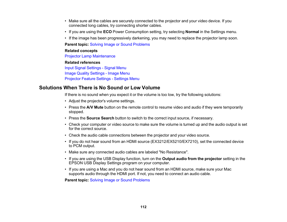 Solutions when there is no sound or low volume | Epson EX3210 User Manual | Page 112 / 171