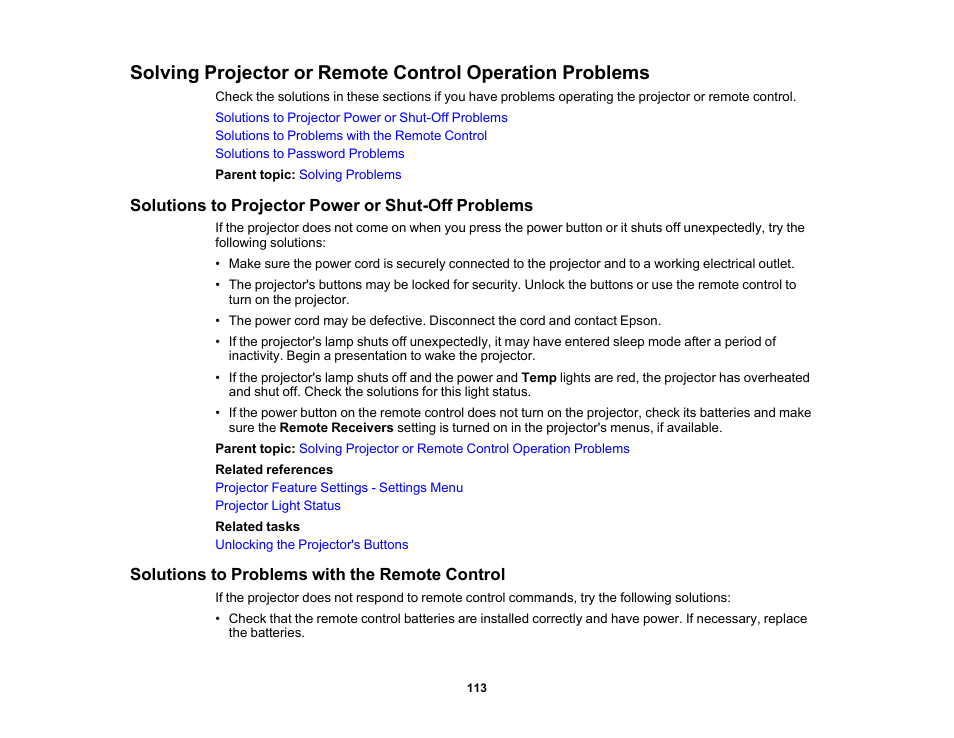 Solutions to projector power or shut-off problems, Solutions to problems with the remote control | Epson EX3210 User Manual | Page 113 / 171