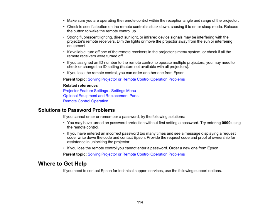 Solutions to password problems, Where to get help | Epson EX3210 User Manual | Page 114 / 171