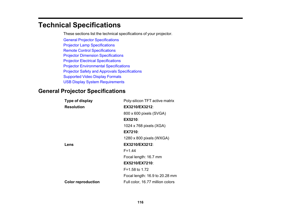 Technical specifications, General projector specifications | Epson EX3210 User Manual | Page 116 / 171