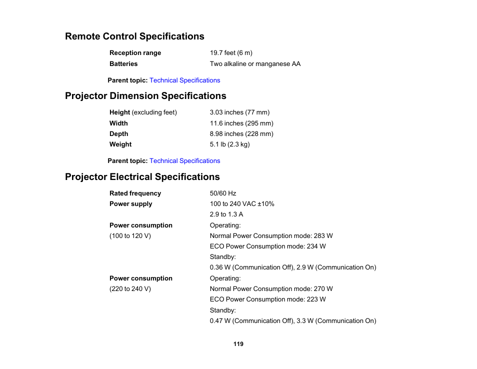 Remote control specifications, Projector dimension specifications, Projector electrical specifications | Epson EX3210 User Manual | Page 119 / 171