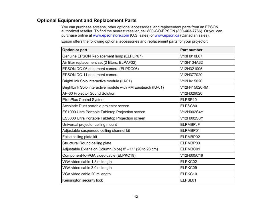 Optional equipment and replacement parts | Epson EX3210 User Manual | Page 12 / 171