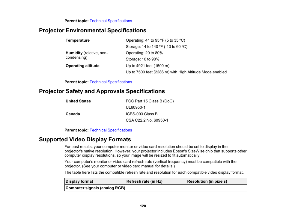 Projector environmental specifications, Projector safety and approvals specifications, Supported video display formats | Epson EX3210 User Manual | Page 120 / 171