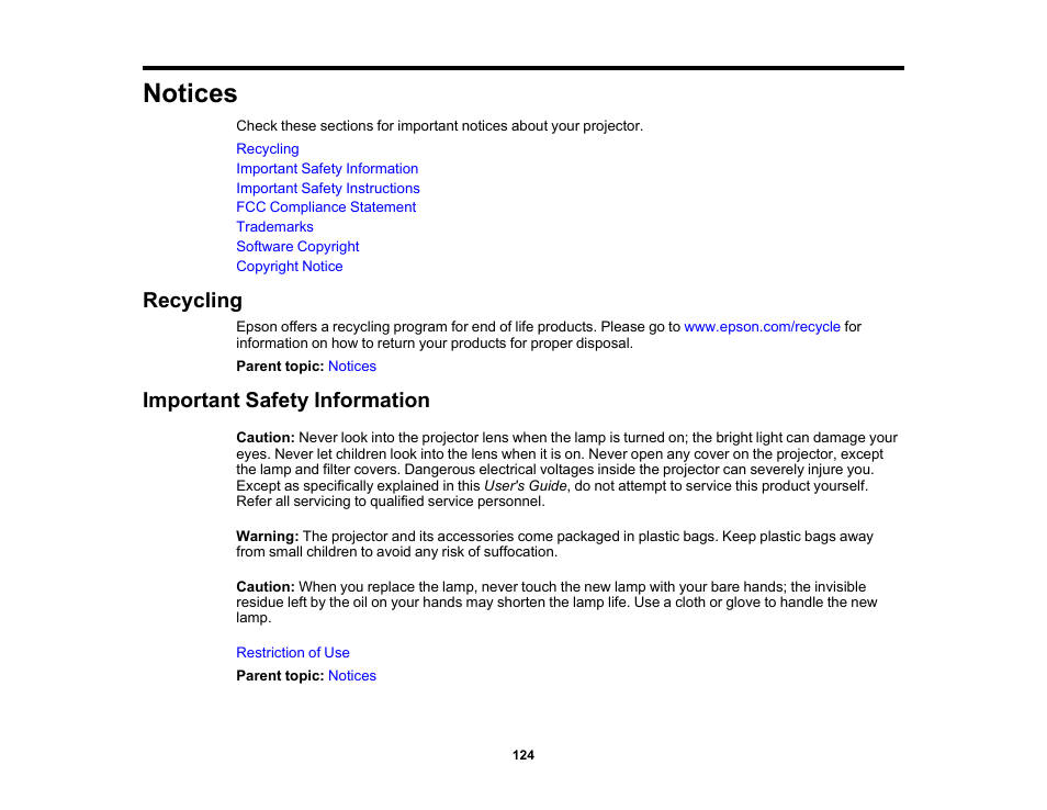 Notices, Recycling, Important safety information | Recycling important safety information | Epson EX3210 User Manual | Page 124 / 171