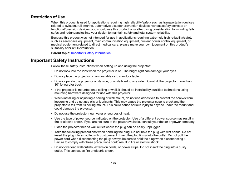 Restriction of use, Important safety instructions | Epson EX3210 User Manual | Page 125 / 171