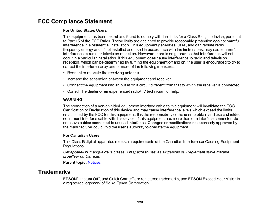 Fcc compliance statement, Trademarks, Fcc compliance statement trademarks | Epson EX3210 User Manual | Page 128 / 171