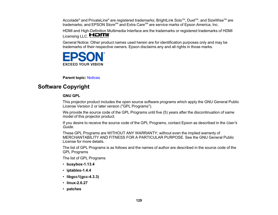 Software copyright | Epson EX3210 User Manual | Page 129 / 171