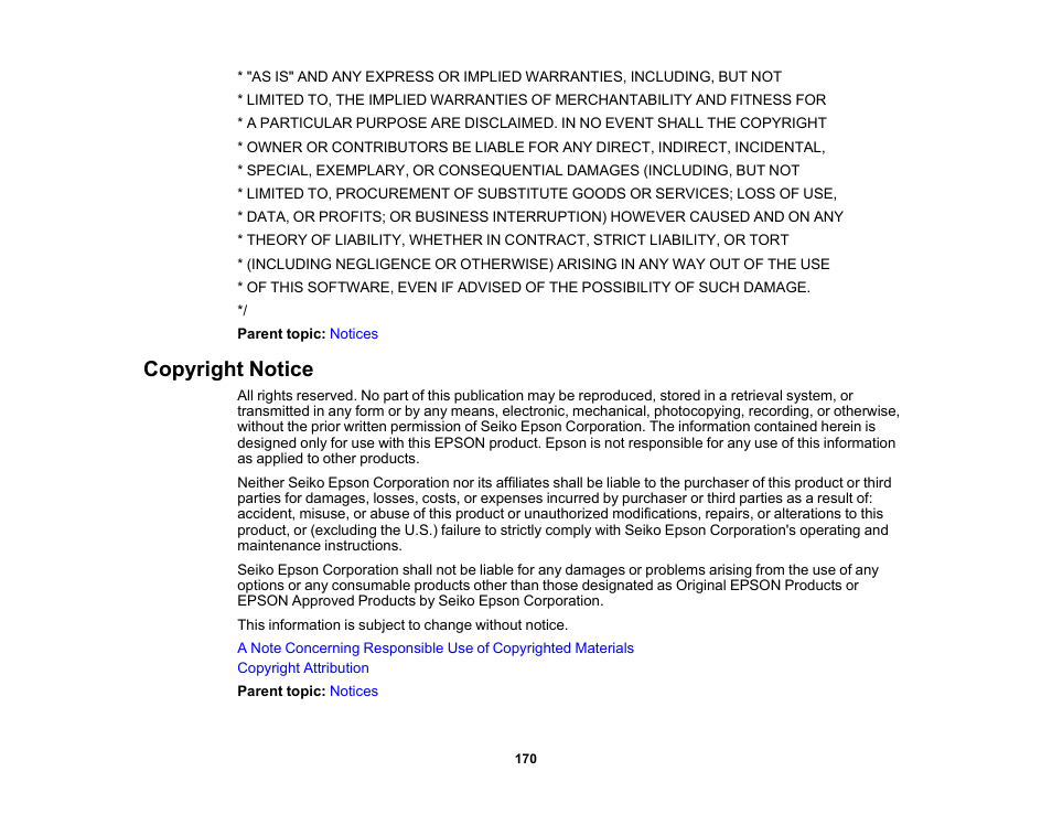 Copyright notice | Epson EX3210 User Manual | Page 170 / 171