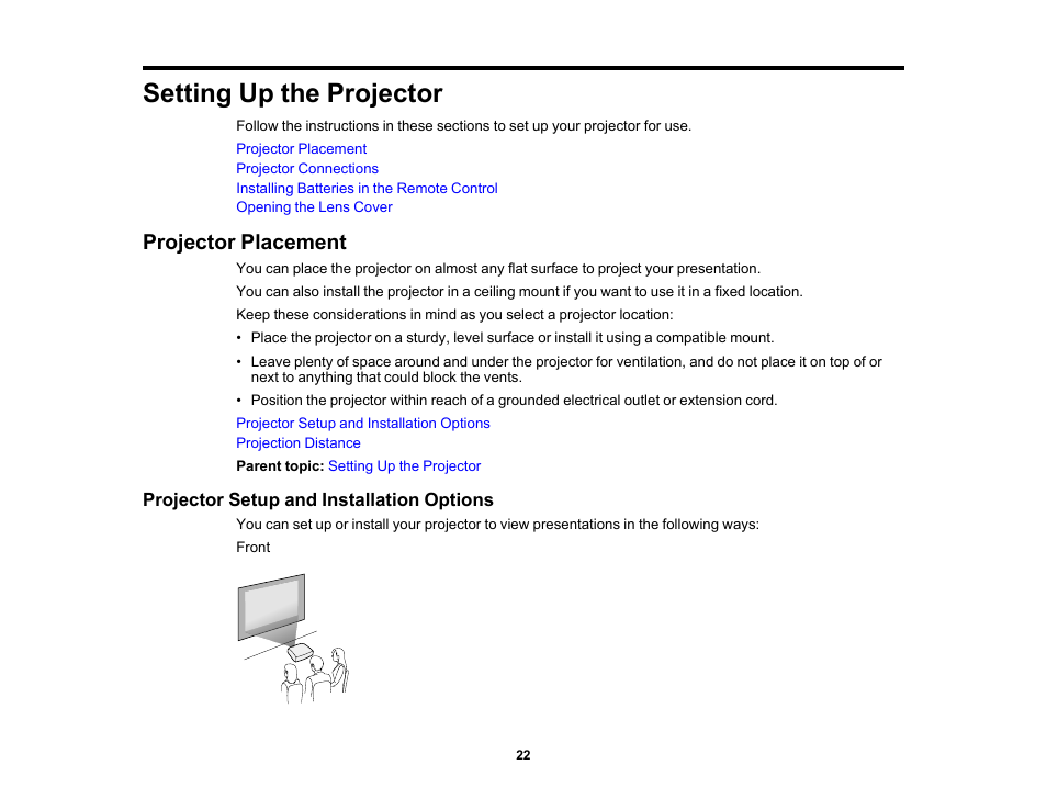 Setting up the projector, Projector placement, Projector setup and installation options | Epson EX3210 User Manual | Page 22 / 171