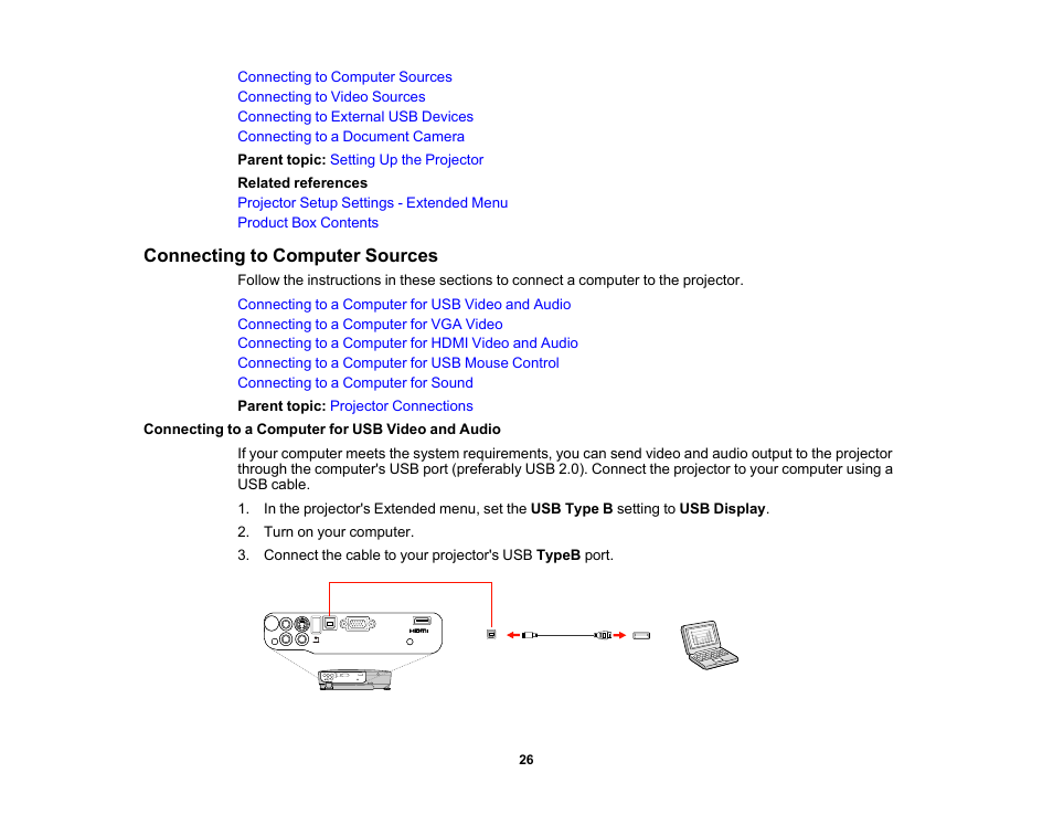 Connecting to computer sources, Connecting to a computer for usb video and audio | Epson EX3210 User Manual | Page 26 / 171