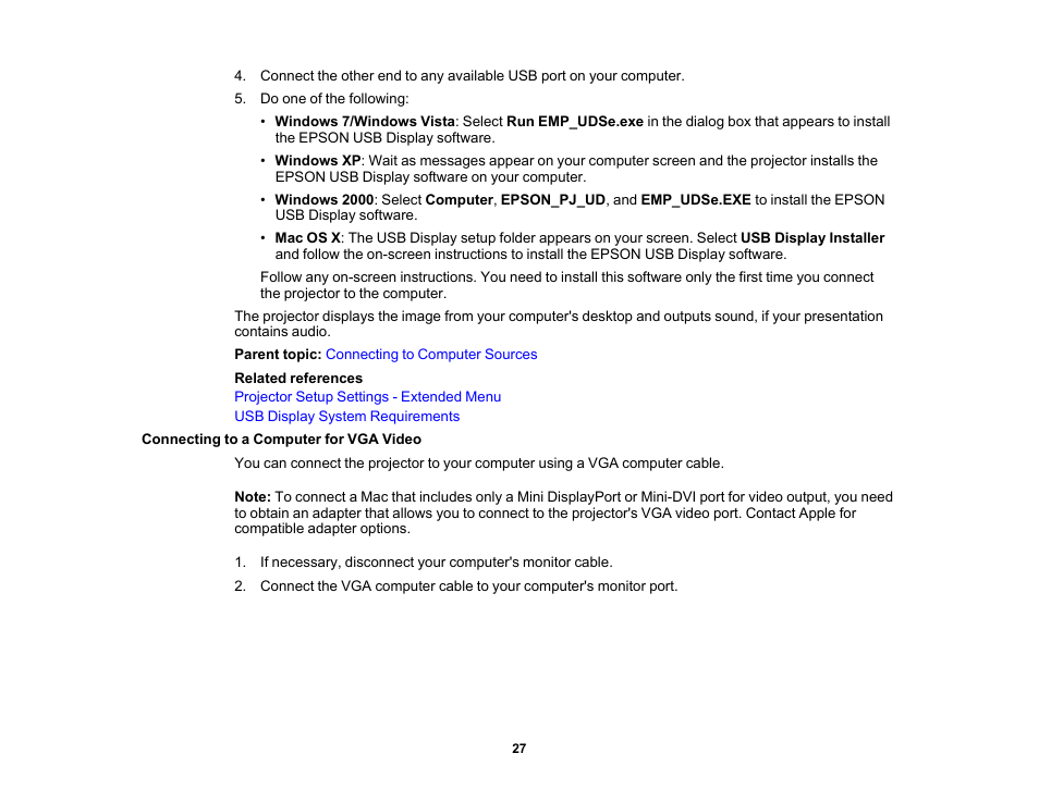 Connecting to a computer for vga video | Epson EX3210 User Manual | Page 27 / 171