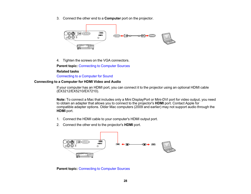 Connecting to a computer for hdmi video and audio | Epson EX3210 User Manual | Page 28 / 171