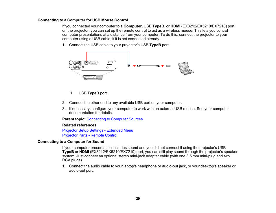 Connecting to a computer for usb mouse control, Connecting to a computer for sound | Epson EX3210 User Manual | Page 29 / 171