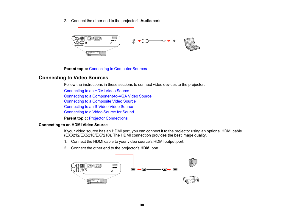 Connecting to video sources, Connecting to an hdmi video source | Epson EX3210 User Manual | Page 30 / 171