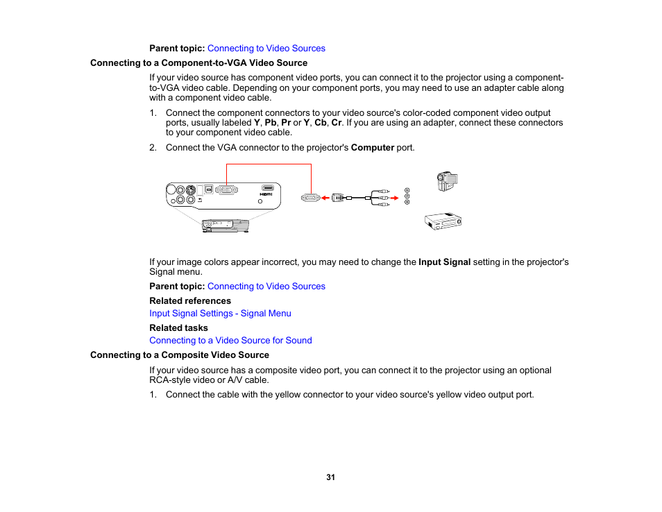 Connecting to a component-to-vga video source, Connecting to a composite video source | Epson EX3210 User Manual | Page 31 / 171