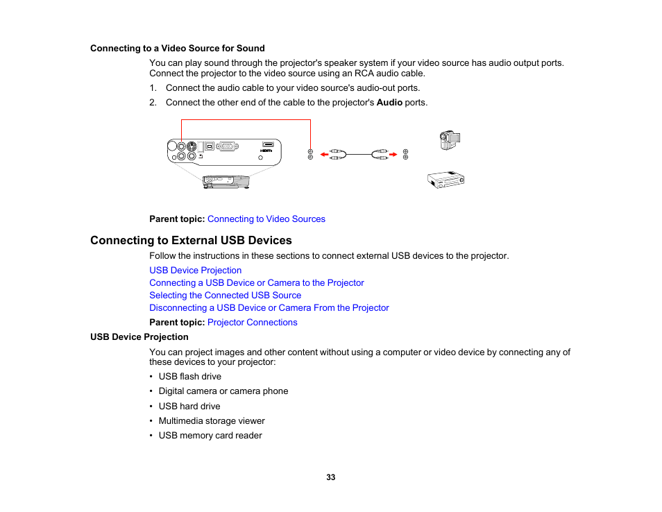 Connecting to a video source for sound, Connecting to external usb devices, Usb device projection | Epson EX3210 User Manual | Page 33 / 171